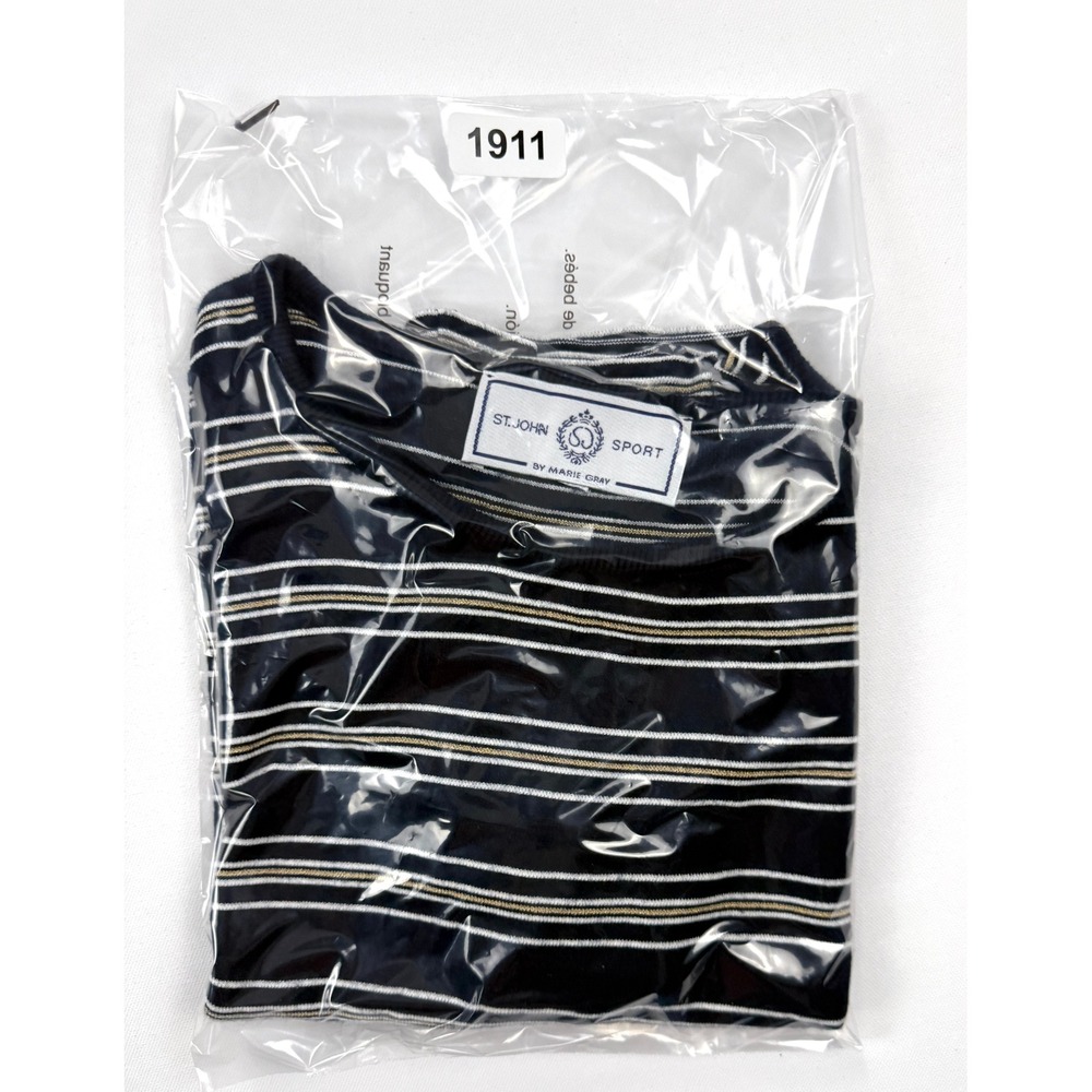 St John Sport by Marie Gray Womens L Navy Gold Striped Wool Blend Knit Top #1911